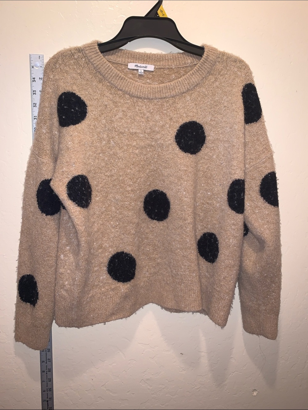 Madewell Tan Crewneck Sweater with Black Polka Dots